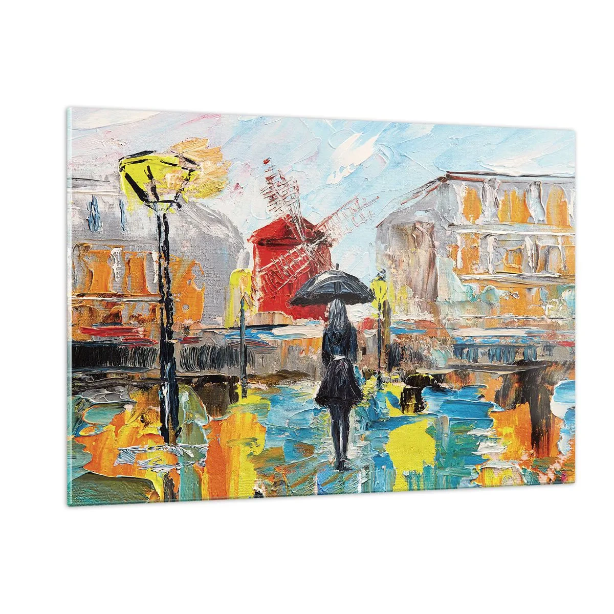Impression sur verre - Image sur verre - Une femme avec un parapluie sur fond de ville dans le style de l'impressionnisme - 120x80cm - Légende parisienne - Décoration murale moderne pour le salon et la chambre ARTTOR