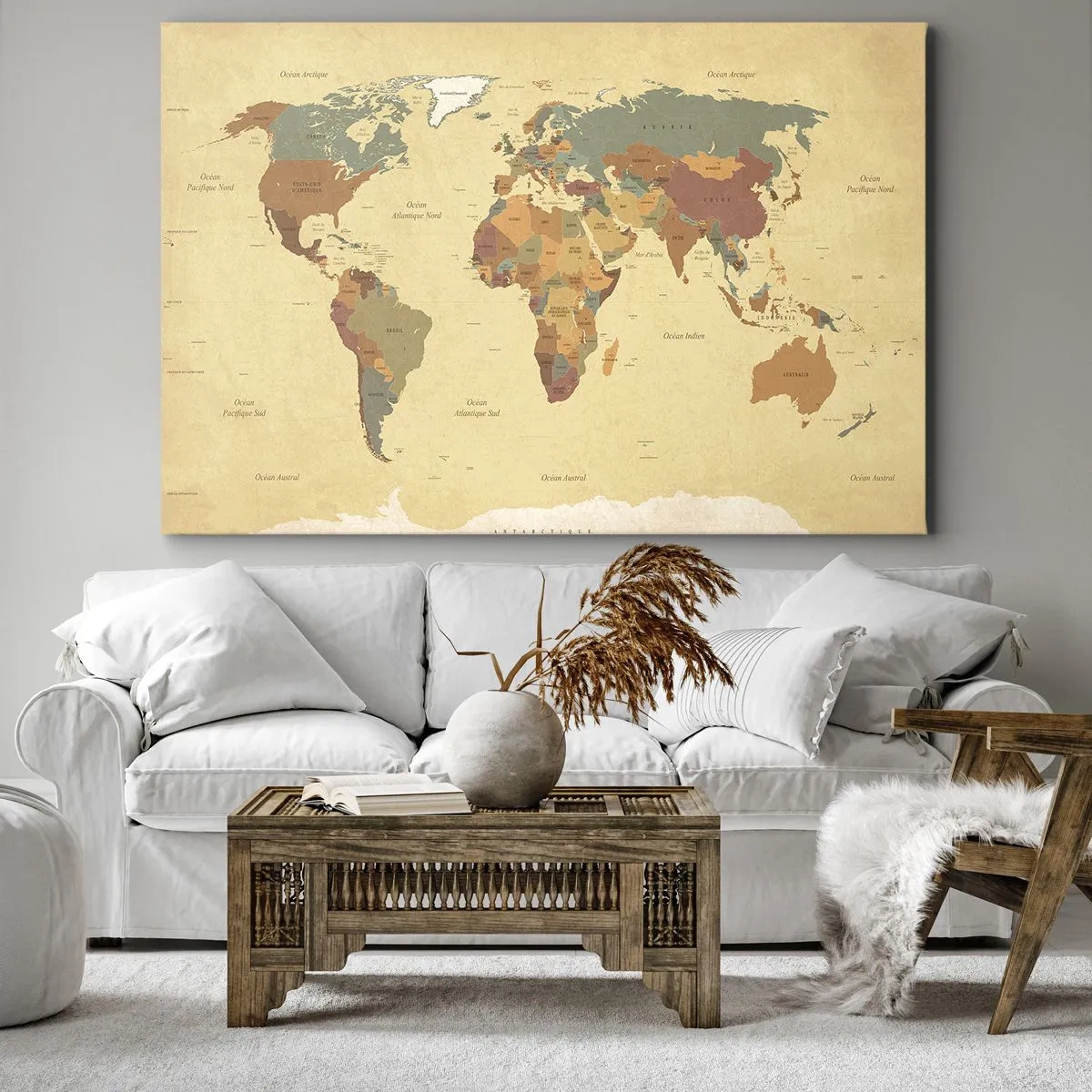 Impression sur toile - Image sur toile - Une carte du monde stylisée dans des tons de beige et de couleurs pastel. - 70x50cm - Pour vous - le monde entier - Décoration murale moderne pour le salon et la chambre ARTTOR