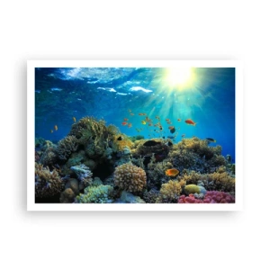 Affiche - Poster - Récif corallien avec des poissons sous les rayons du soleil sous l'eau - 100x70cm - Trésor sous-marin - Décoration murale moderne pour le salon et la chambre ARTTOR