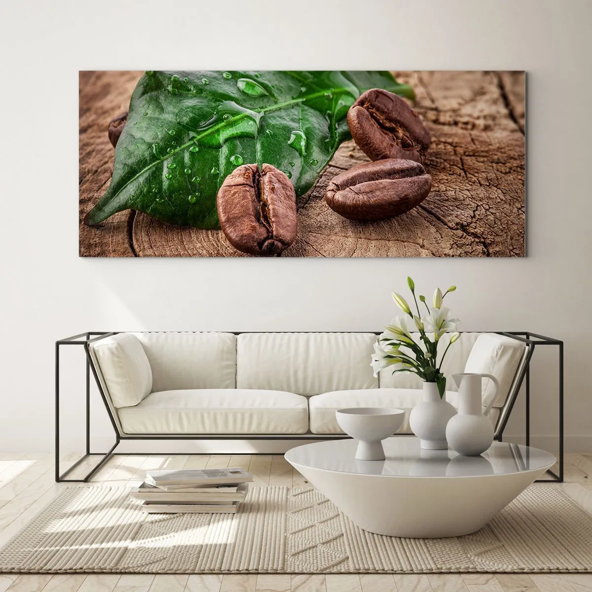 Impression sur verre - Image sur verre - Grains de café et feuille verte sur fond de bois - 120x50cm - La plus vraie et noire - Décoration murale moderne pour le salon et la chambre ARTTOR