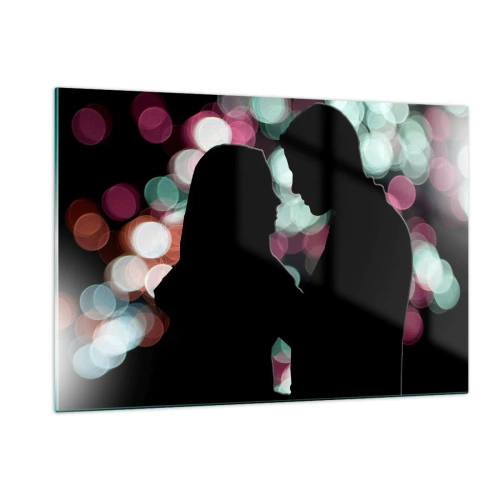 Impression sur verre - Image sur verre - Silhouettes d'un couple sur fond de lumières bokeh colorées - 120x80cm - Oui! - Décoration murale moderne pour le salon et la chambre ARTTOR