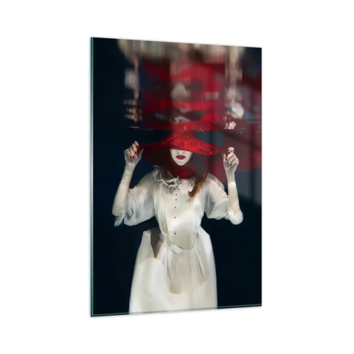Impression sur verre - Image sur verre - Une femme avec un chapeau rouge immergée dans l'eau - 80x120cm - Femme mystérieuse - Décoration murale moderne pour le salon et la chambre ARTTOR