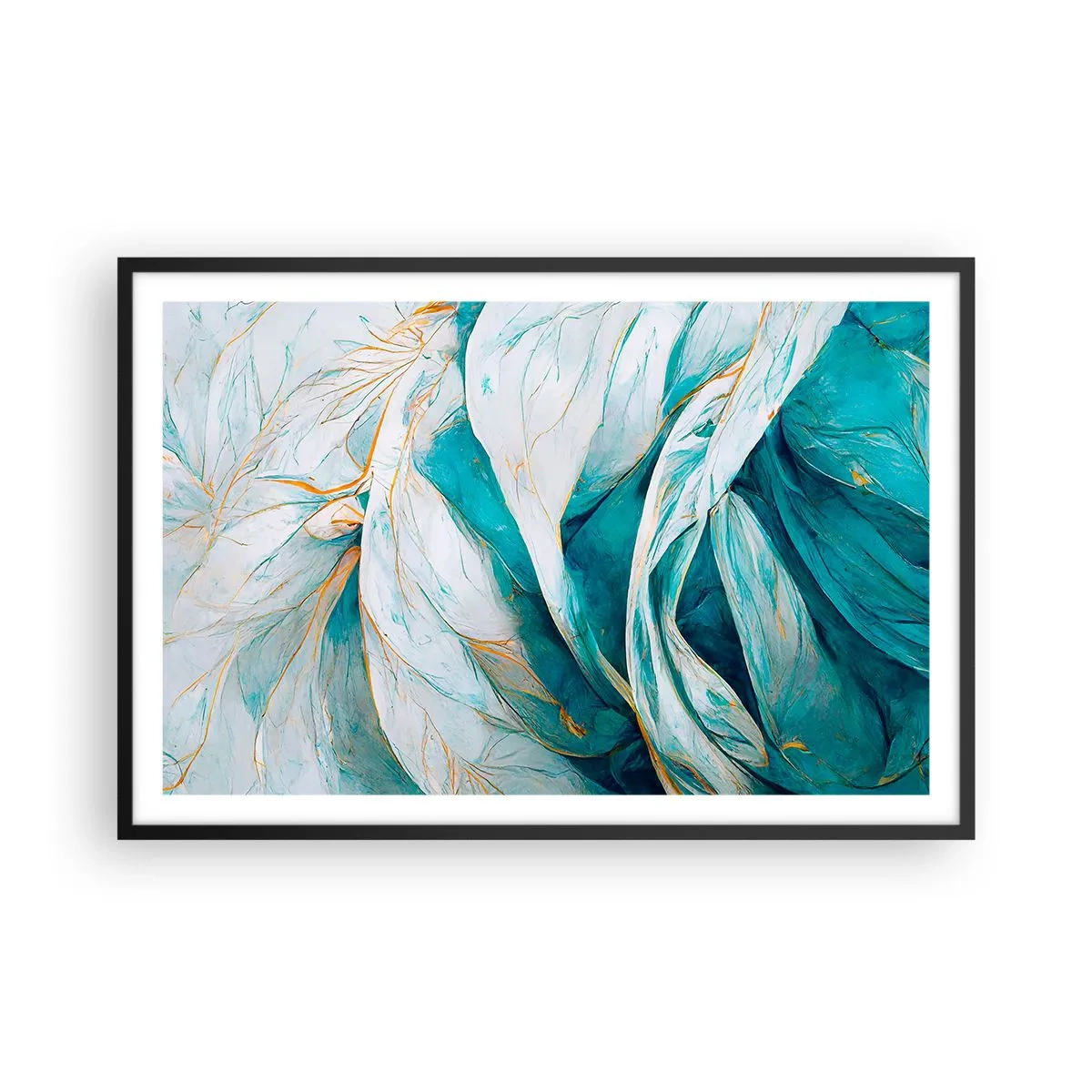 Affiche dans un cadre noir - Poster - Abstraction bleue avec un motif doré - 91x61 cm