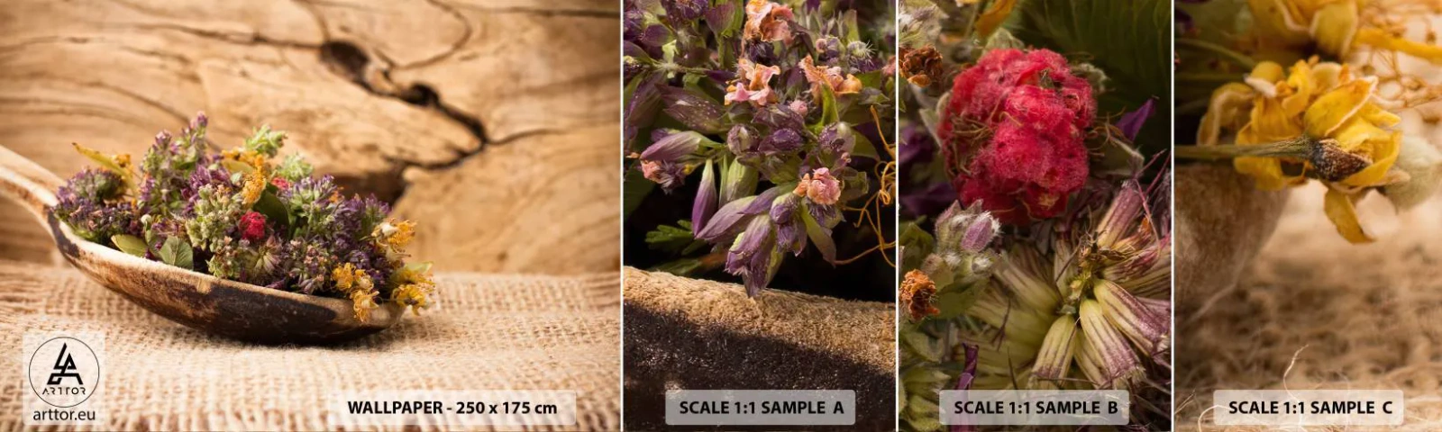 Échantillon de Papier Peint Autocollant Deluxe Sticker - Fleurs colorées et herbes parfumées - Nature, Herbes séchées, Cuisine - 100x30 cm