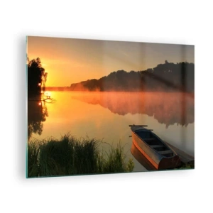 Impression sur verre - Image sur verre - Lever de soleil sur un lac calme avec un bateau sur le rivage - 70x50cm - Lever du soleil sur l'eau comme un miroir - Décoration murale moderne pour le salon et la chambre ARTTOR