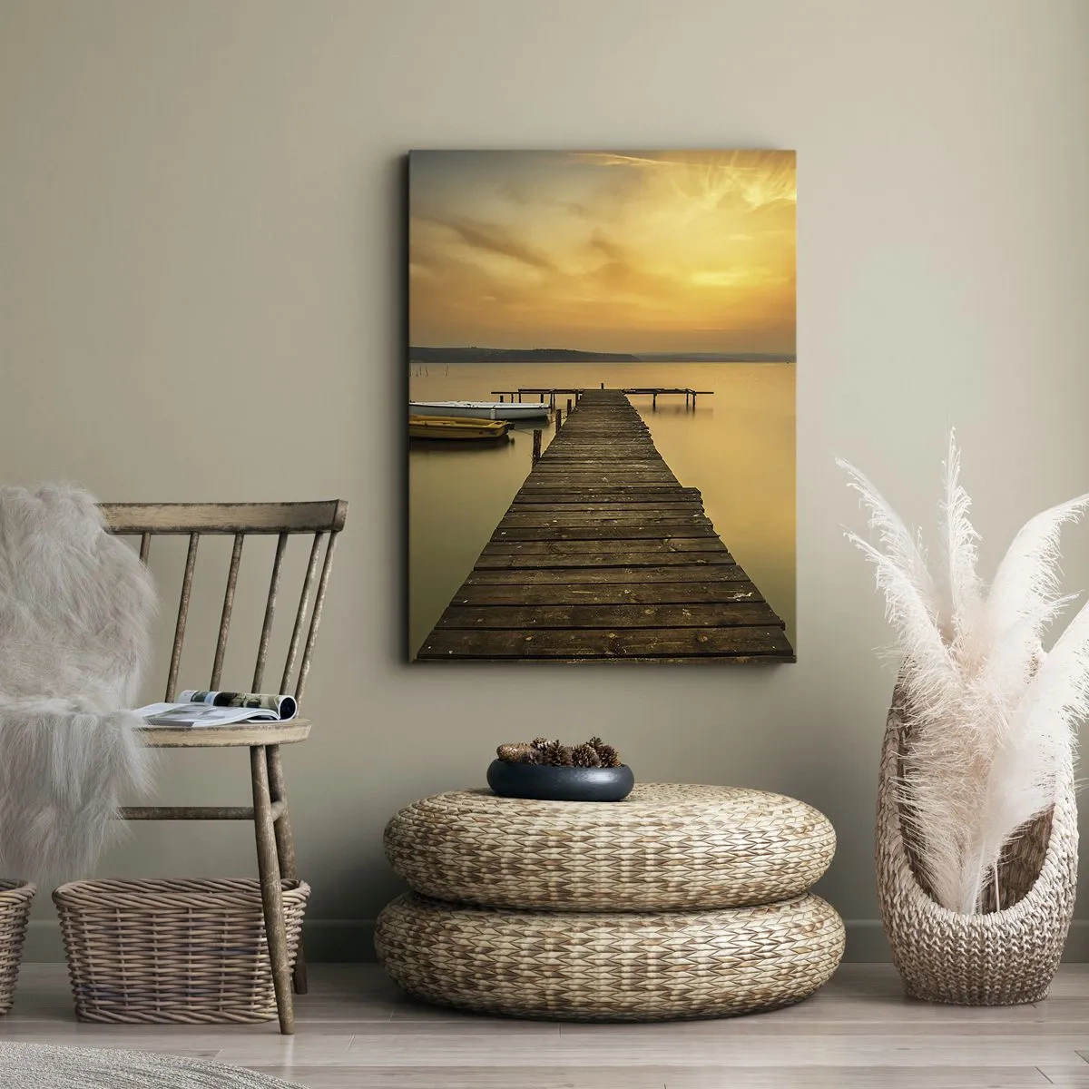 Impression sur toile - Image sur toile - Jetée en bois et bateaux sur le lac au coucher du soleil - 50x70cm - Je t'ouvrirai le ciel d'or - Décoration murale moderne pour le salon et la chambre ARTTOR