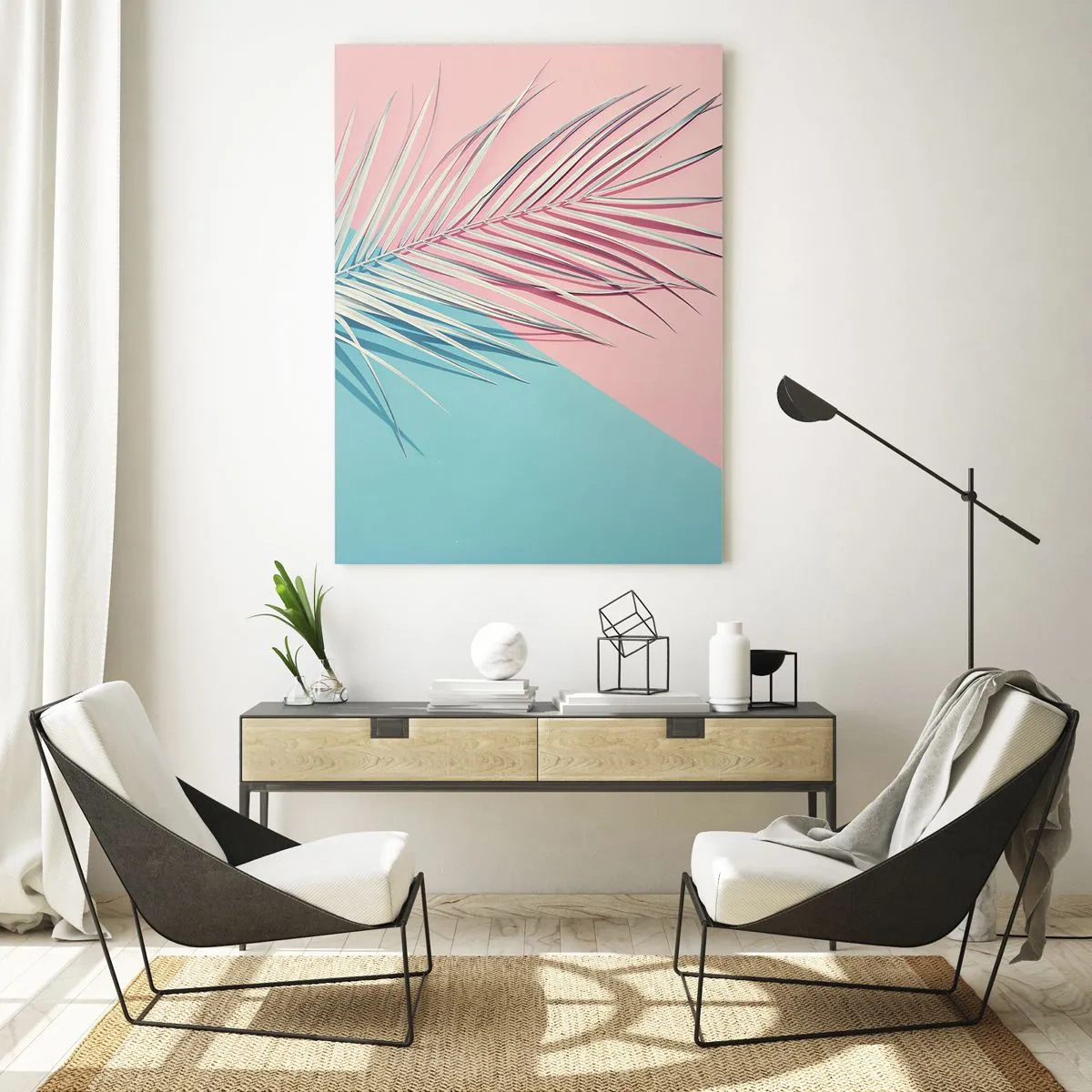 Impression sur verre - Image sur verre - Une feuille de palmier sur un fond pastel dans une composition géométrique - 50x70cm - Impression tropicale - Décoration murale moderne pour le salon et la chambre ARTTOR