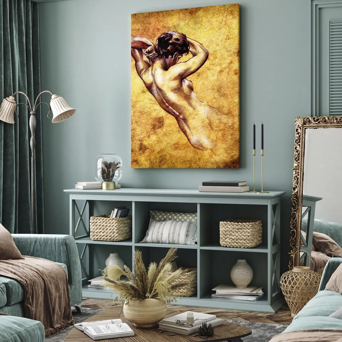 Impression sur toile - Image sur toile - Nu féminin artistique sur fond doré dans un style classique - 70x100cm - Découverte, mais toujours mystèrieuse - Décoration murale moderne pour le salon et la chambre ARTTOR