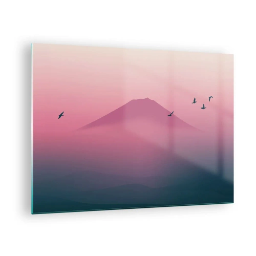 Impression sur verre - Image sur verre - Un paysage minimaliste avec une montagne et des oiseaux aux couleurs pastel. - 70x50cm - Des pèlerins au dessus des nuages - Décoration murale moderne pour le salon et la chambre ARTTOR
