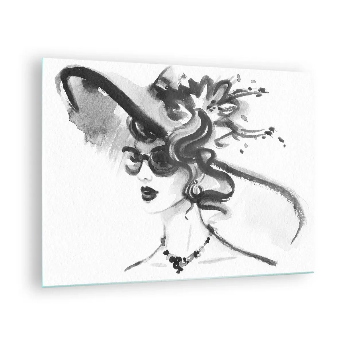 Impression sur verre - Image sur verre - Portrait en noir et blanc d'une femme portant un chapeau - 70x50cm - Une dame de caractère - Décoration murale moderne pour le salon et la chambre ARTTOR