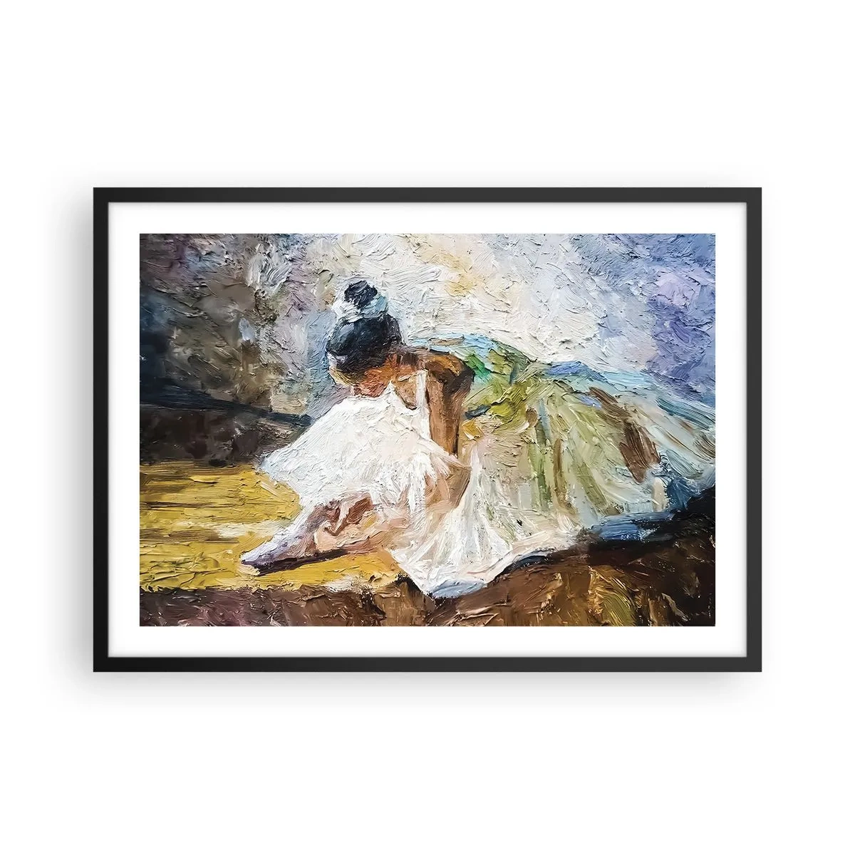 Affiche dans un cadre noir - Poster - Une ballerine en robe blanche dans un style pictural sur un fond impressionniste. - 70x50cm - D'après un tableau de Degas - Décoration murale moderne pour le salon et la chambre ARTTOR