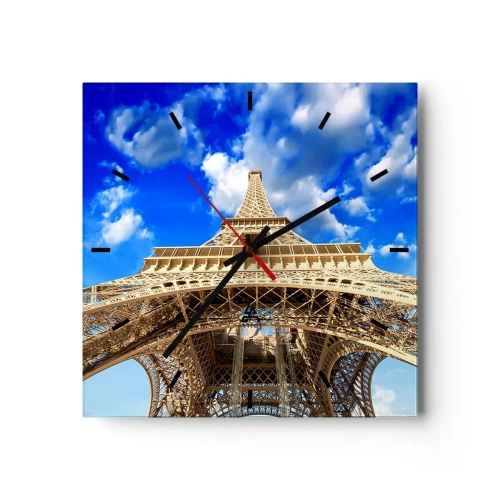 Horloge murale - Pendule murale - La Tour Eiffel vue d'en bas contre un ciel bleu - 30x30cm - Atteindre le ciel et les nuages - Décoration murale moderne pour le salon et la chambre ARTTOR