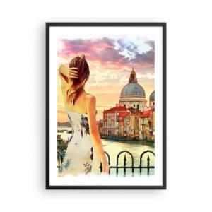 Affiche dans un cadre noir - Poster - Une femme admire la vue d'une ville historique au coucher du soleil - 50x70cm - Pour une aventure c'est uniquement dans ... - Décoration murale moderne pour le salon et la chambre ARTTOR