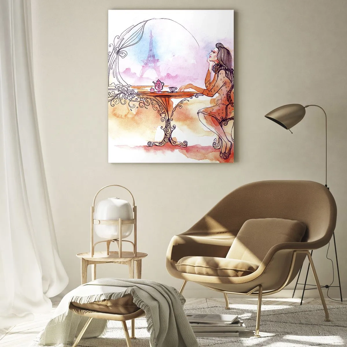 Impression sur verre - Image sur verre - Une femme à une table avec vue sur la Tour Eiffel dans des tons pastel - 50x70cm - Le chic parisien - Décoration murale moderne pour le salon et la chambre ARTTOR