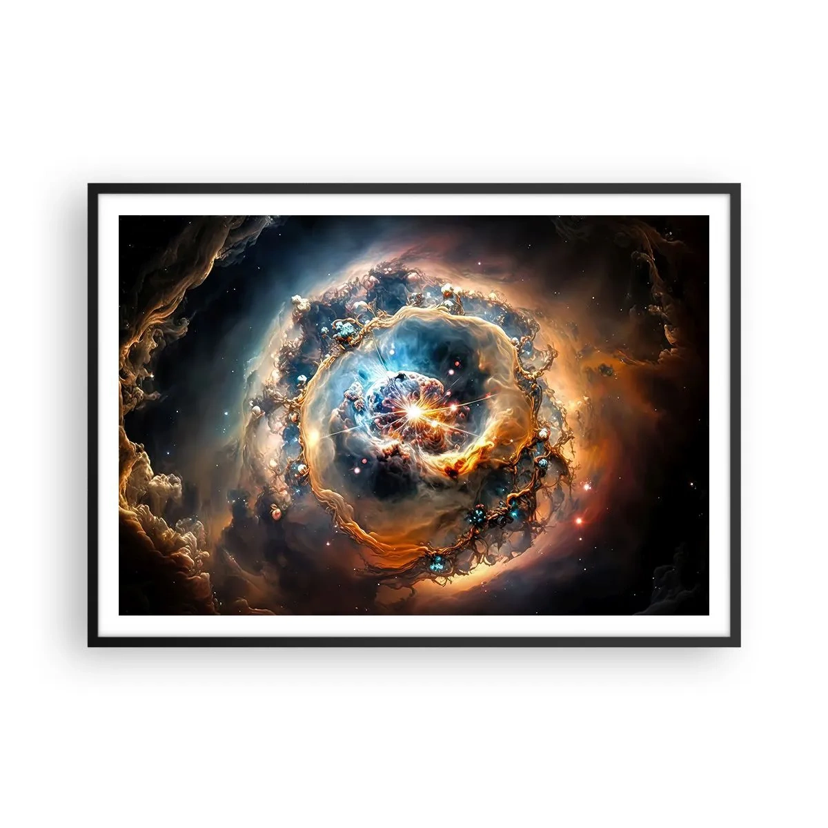 Affiche dans un cadre noir - Poster - Une vision abstraite d'une explosion cosmique dans des tons d'or et de bleu. - 100x70cm - Le début - Décoration murale moderne pour le salon et la chambre ARTTOR