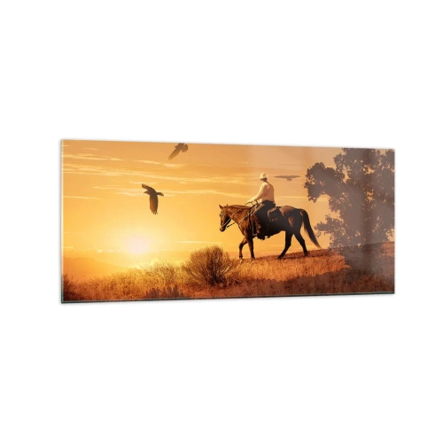 Impression sur verre - Image sur verre - Un cavalier sur un cheval au coucher du soleil contre la prairie - 120x50cm - Seul à travers la prairie - Décoration murale moderne pour le salon et la chambre ARTTOR