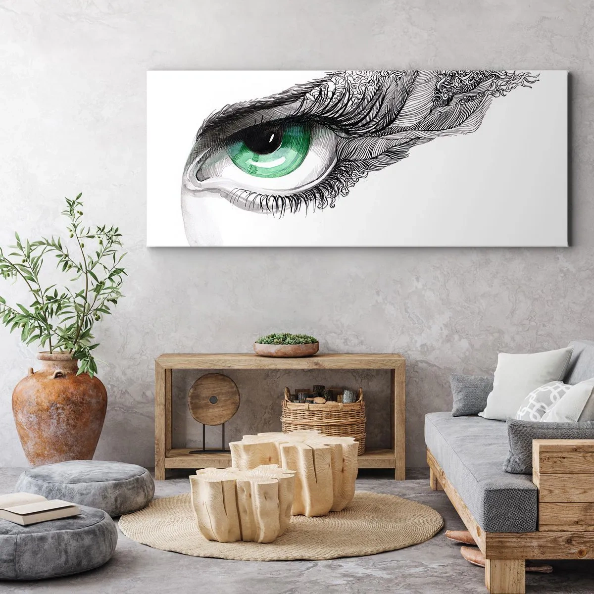 Impression sur toile - Image sur toile - Œil artistique avec iris vert et détails de dessin - 120x50cm - Belle et prête à l'attaque - Décoration murale moderne pour le salon et la chambre ARTTOR