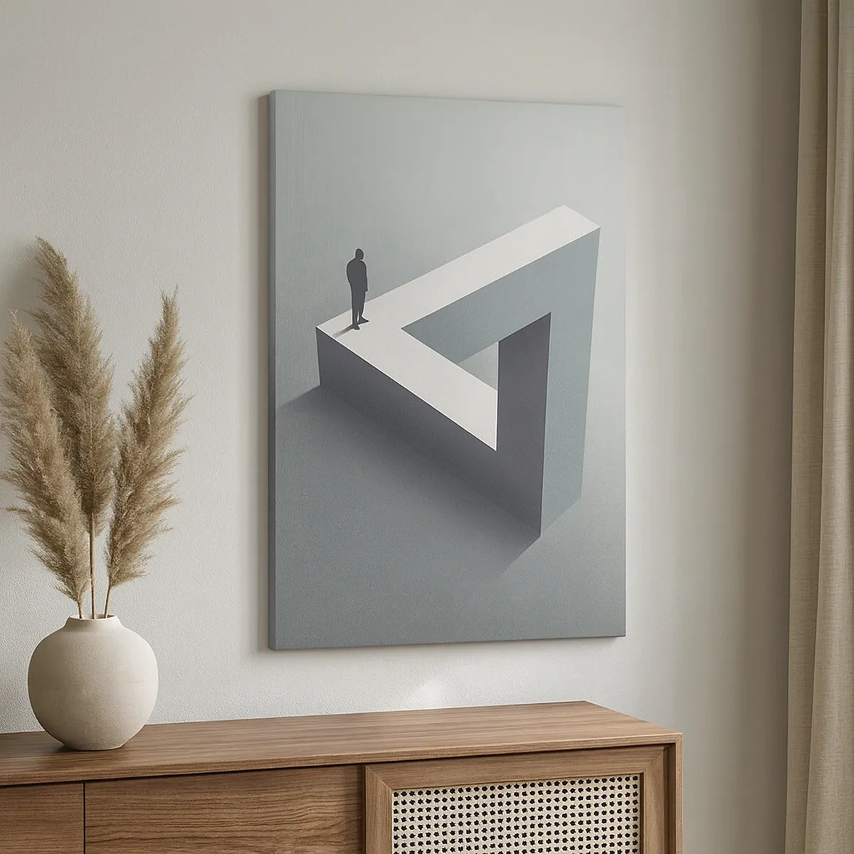 Impression sur toile - Image sur toile - Une figure debout sur un triangle de Penrose dans des tons de gris. - 50x70cm - Mais c'est possible - Décoration murale moderne pour le salon et la chambre ARTTOR