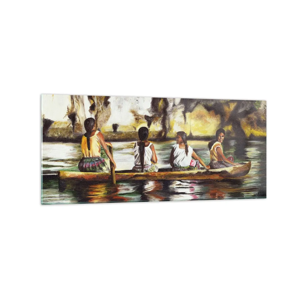 Impression sur verre - Image sur verre - Femmes dans un bateau sur une rivière calme avec un arrière-plan pittoresque - 120x50cm - Dans un paradis polynésien - Décoration murale moderne pour le salon et la chambre ARTTOR