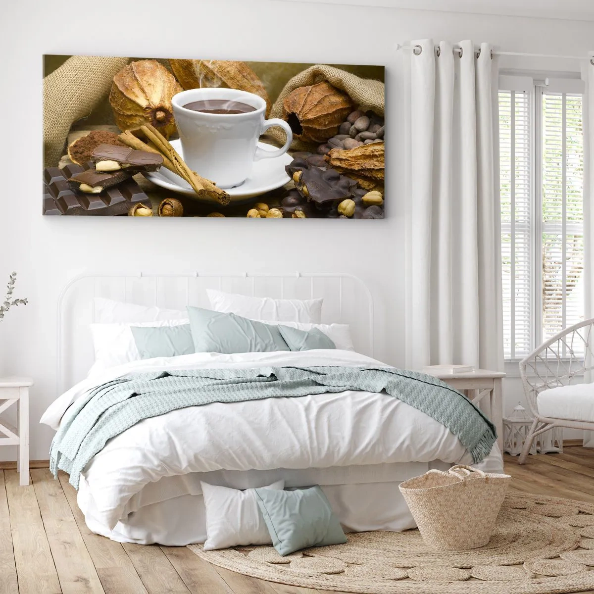 Impression sur toile - Image sur toile - Une tasse de chocolat chaud entourée de cacao et de cannelle - 140x50cm - Pour les amateurs de sensations fortes - Décoration murale moderne pour le salon et la chambre ARTTOR