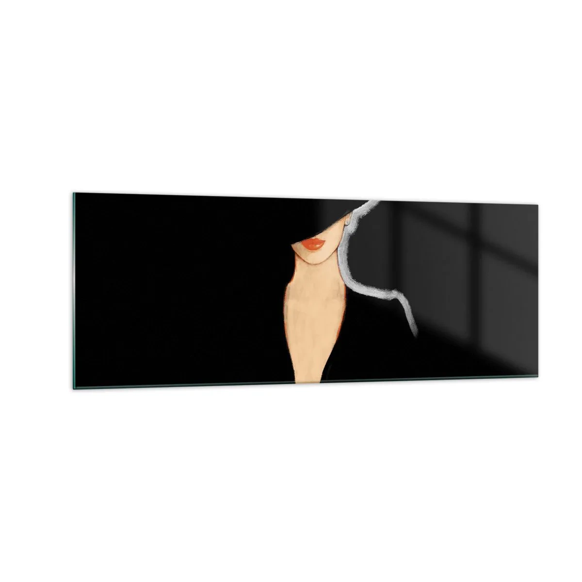 Impression sur verre - Image sur verre - Silhouette d'une femme au chapeau sur fond noir - 140x50cm - Élégance et style - Décoration murale moderne pour le salon et la chambre ARTTOR