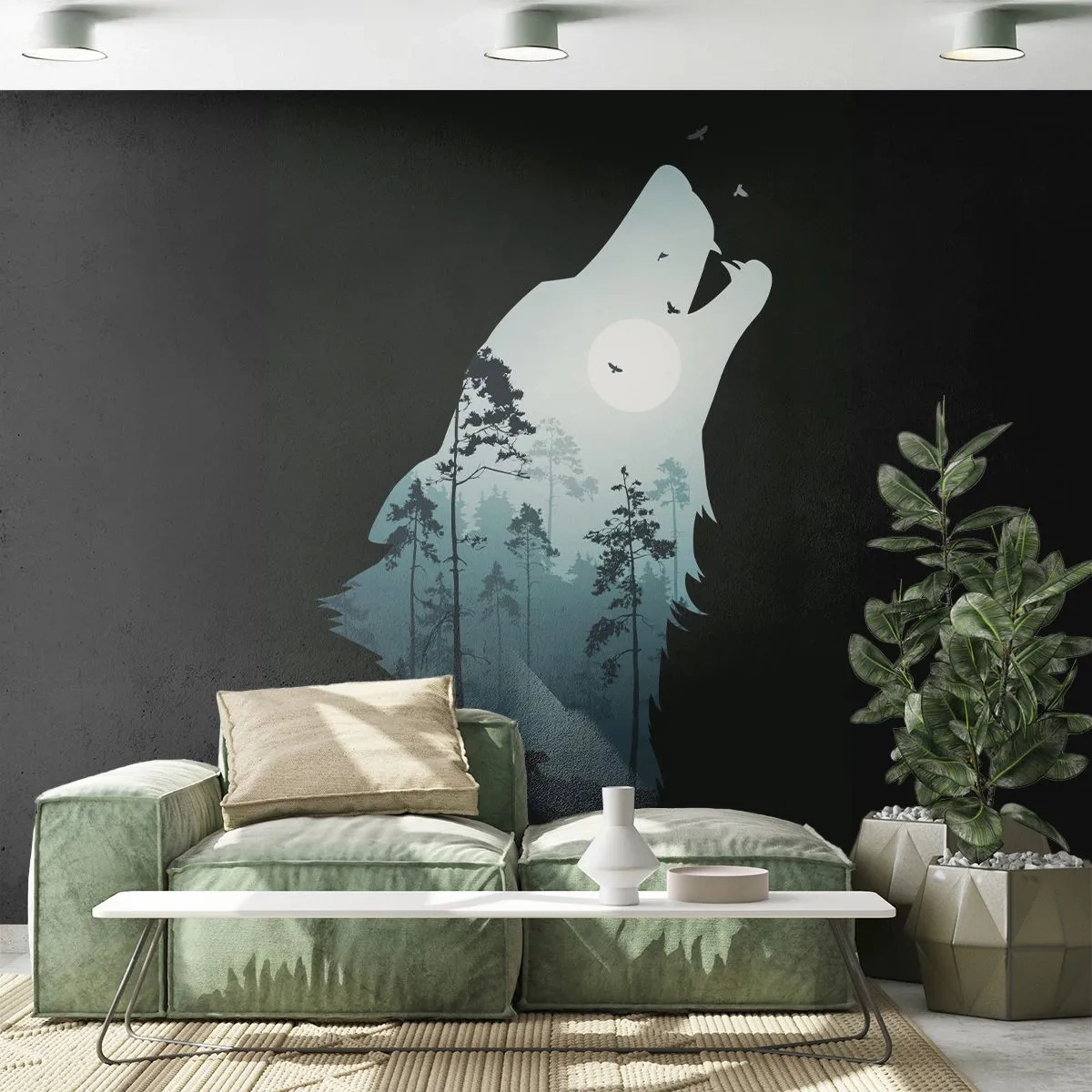 Papier Peint Photo Premium Canvas - Silhouette d'un loup avec une forêt et la lune en arrière-plan - 100x70cm - La voix de nuit de la forêt - Décoration murale moderne pour le salon et la chambre ARTTOR