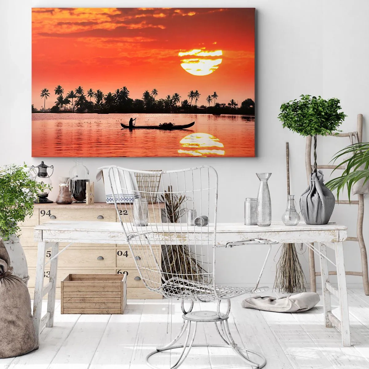 Impression sur toile - Image sur toile - Coucher de soleil tropical avec un bateau et des palmiers en arrière-plan - 100x70cm - La tranquillité des tropiques au coucher du soleil - Décoration murale moderne pour le salon et la chambre ARTTOR
