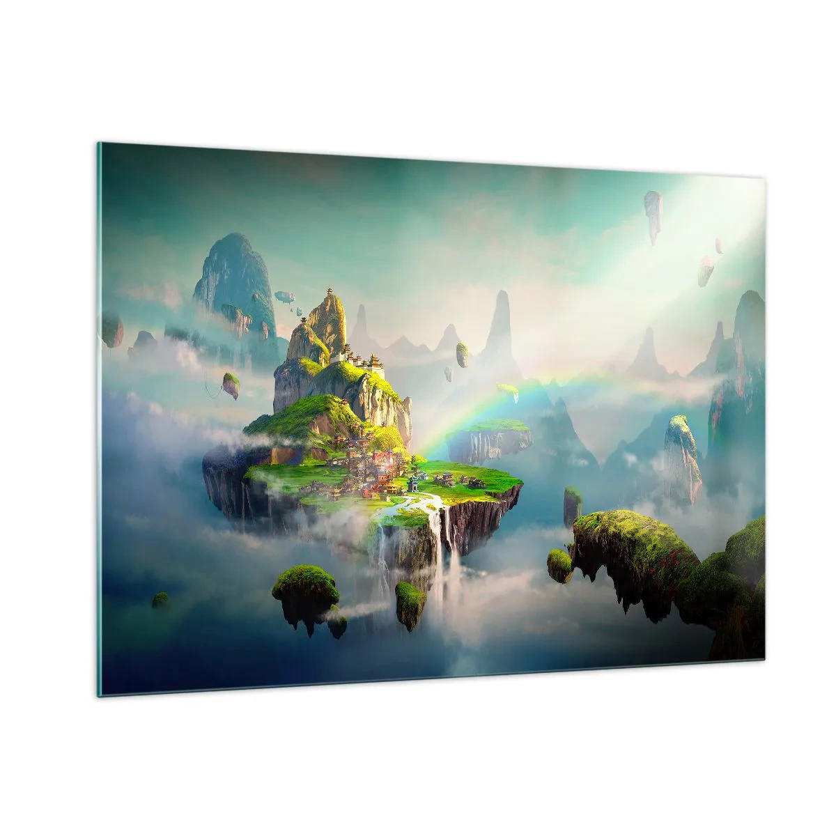 Impression sur verre - Image sur verre - Îles volantes dans les nuages avec arcs-en-ciel et cascades - 100x70cm - Au milieu des cieux - îles du bonheur - Décoration murale moderne pour le salon et la chambre ARTTOR