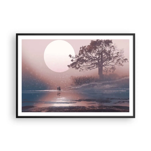 Affiche dans un cadre noir - Poster - Scène romantique avec la lune et un arbre au bord de l'eau - 100x70cm - Merveilles de la nuit - Décoration murale moderne pour le salon et la chambre ARTTOR