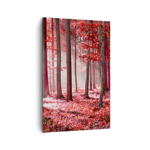 Impression sur toile - Image sur toile - Une forêt époustouflante aux teintes rouges avec des rayons de lumière pénétrant à travers les arbres - 80x120cm - Le rouge est tout aussi beau - Décoration murale moderne pour le salon et la chambre ARTTOR