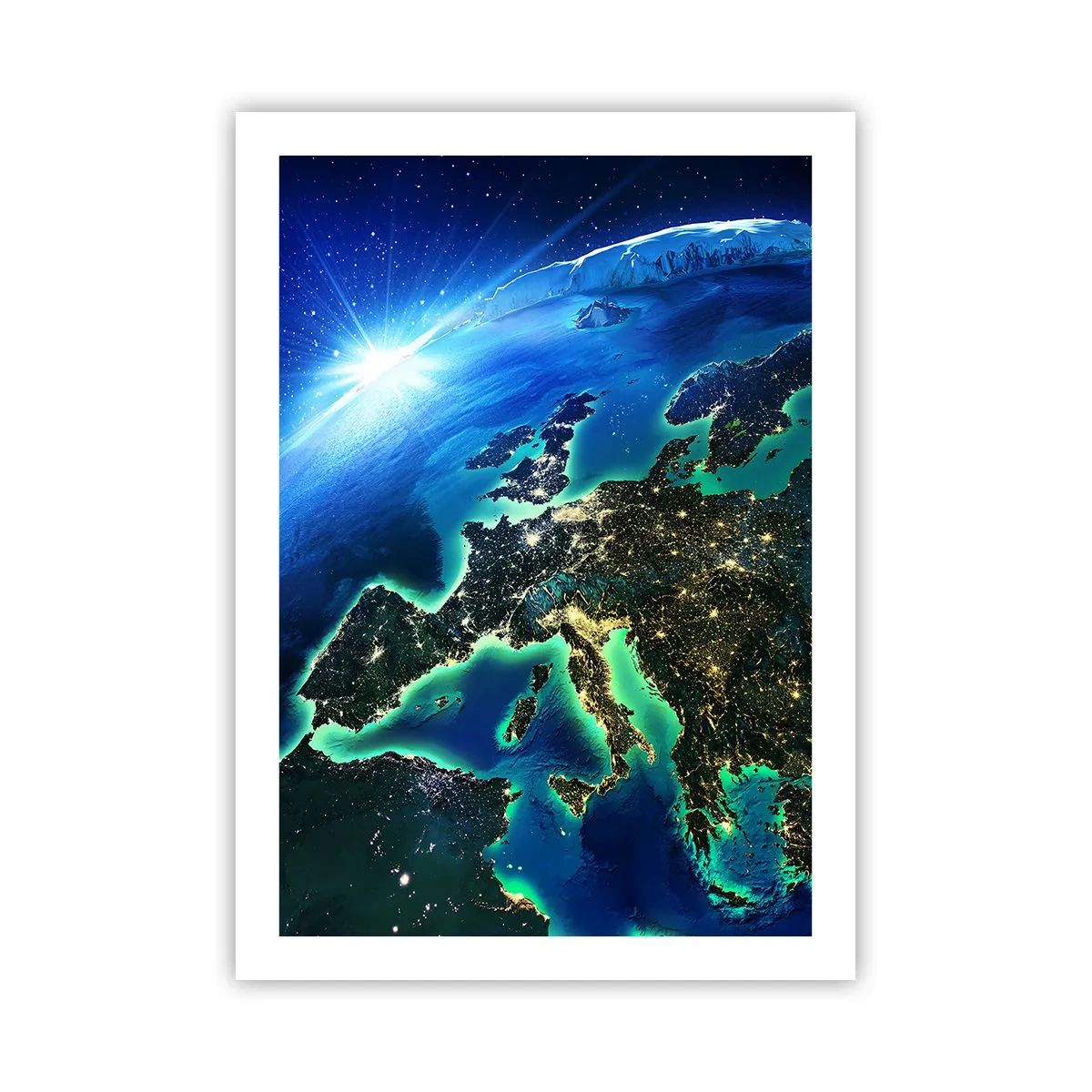 Affiche - Poster - Une vue d'Europe depuis l'espace, éclairée par des lumières nocturnes. - 50x70cm - Europe pétillante - Décoration murale moderne pour le salon et la chambre ARTTOR