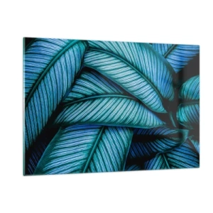 Impression sur verre - Image sur verre - Gros plan de feuilles turquoise à la texture intense. - 120x80cm - Lignes de vie - Décoration murale moderne pour le salon et la chambre ARTTOR