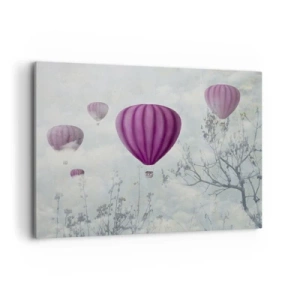 Impression sur toile - Image sur toile - Des ballons violets flottant au-dessus des arbres dans les nuages - 120x80cm - Comme des navires dans le ciel - Décoration murale moderne pour le salon et la chambre ARTTOR