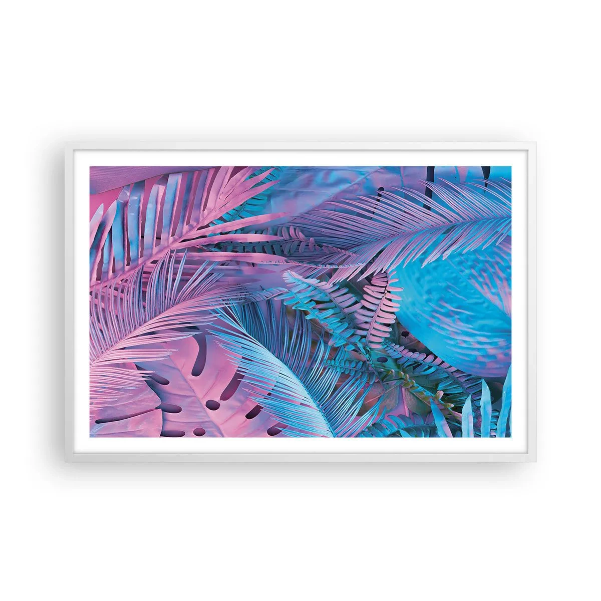 Affiche dans un cadre blanc - Poster - Les tropiques en rose et bleu - 91x61 cm