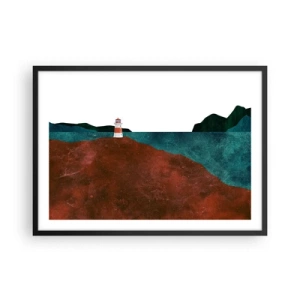 Affiche dans un cadre noir - Poster - Un phare avec en toile de fond les montagnes et la mer - 70x50cm - En regardant la mer - Décoration murale moderne pour le salon et la chambre ARTTOR