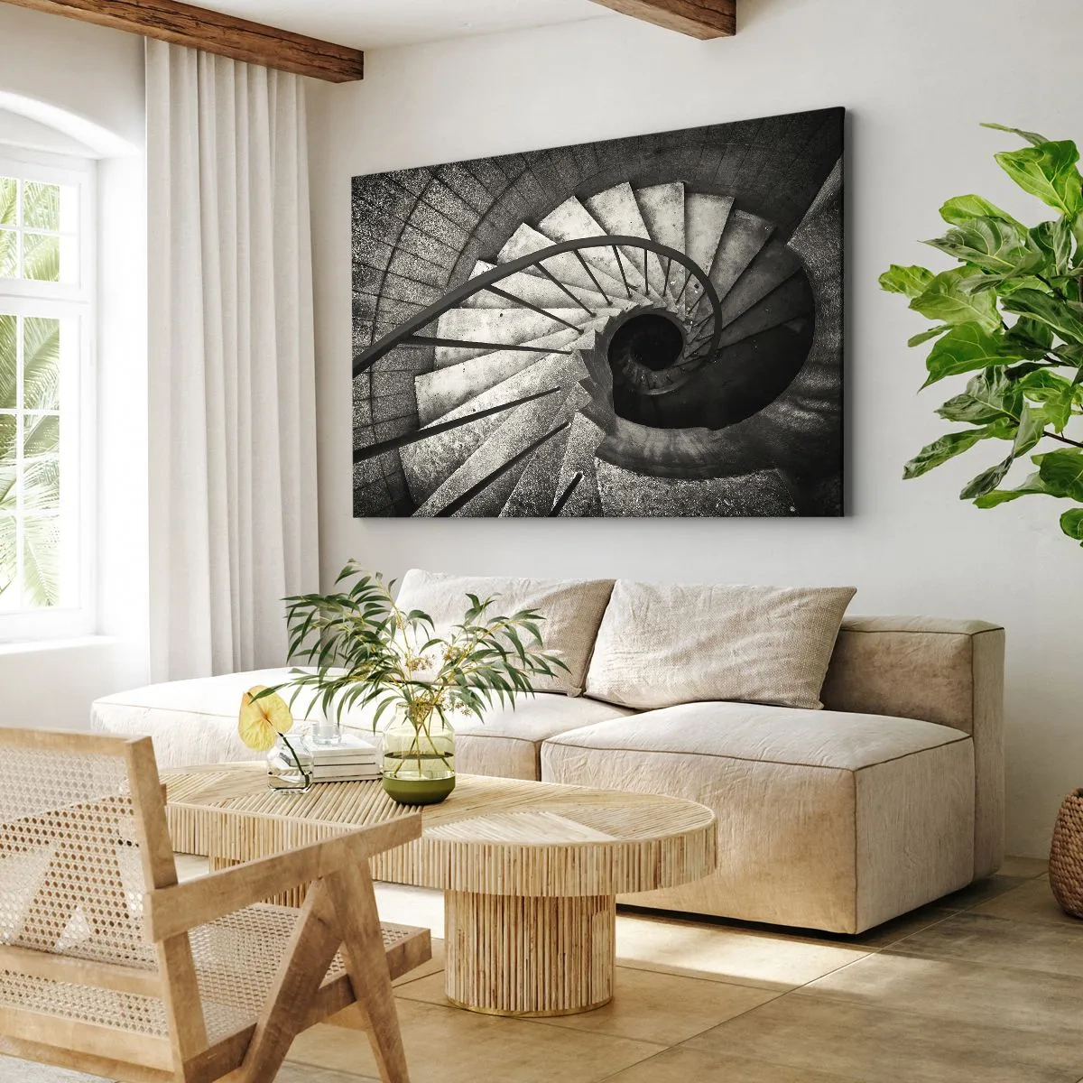 Impression sur toile - Image sur toile - Escalier en colimaçon noir et blanc de style moderne - 70x50cm - En haut des escaliers, en bas des escaliers - Décoration murale moderne pour le salon et la chambre ARTTOR