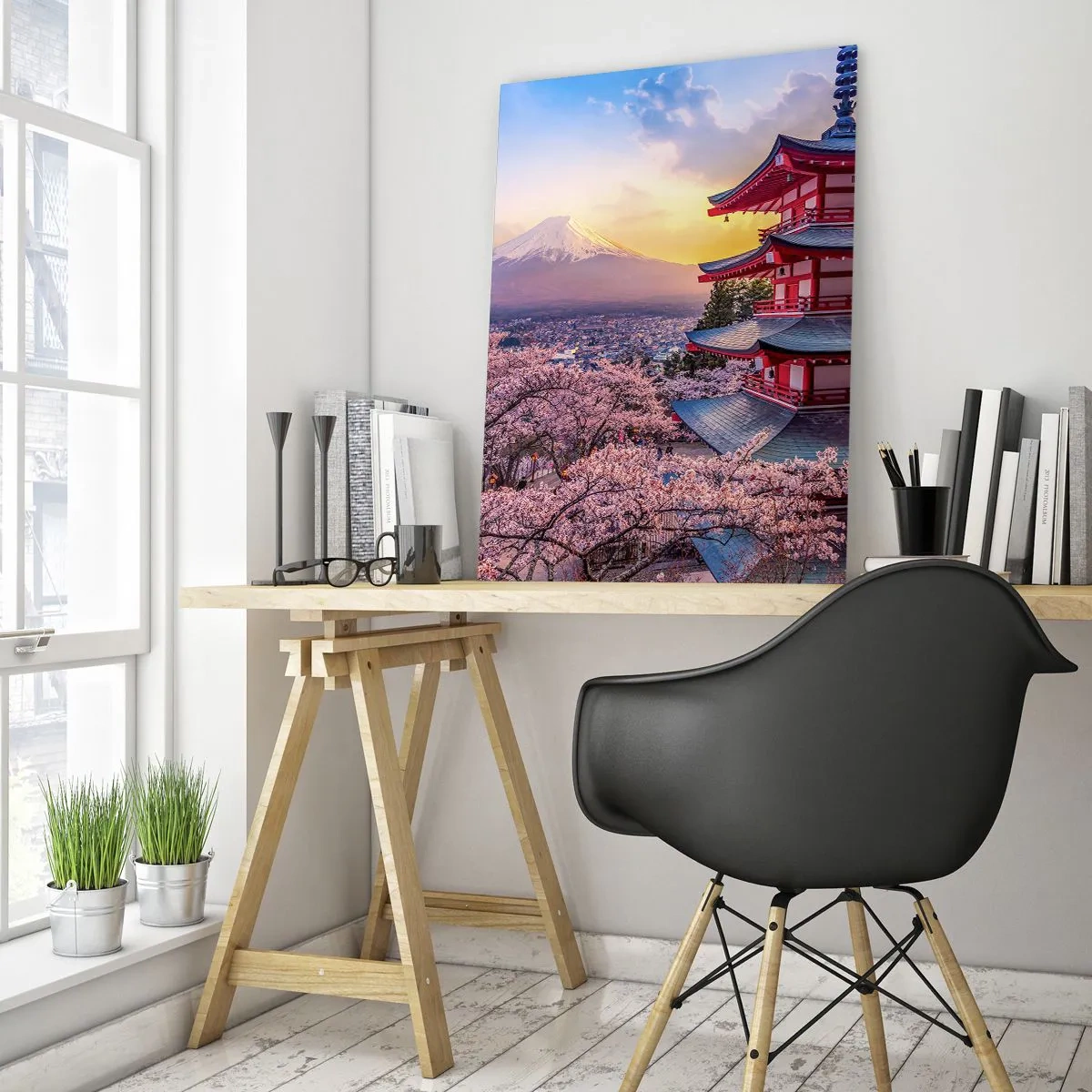 Impression sur verre - Image sur verre - Une pagode au Japon avec des cerisiers en fleurs et le mont Fuji - 70x100cm - Essence d'âme japonnaise - Décoration murale moderne pour le salon et la chambre ARTTOR