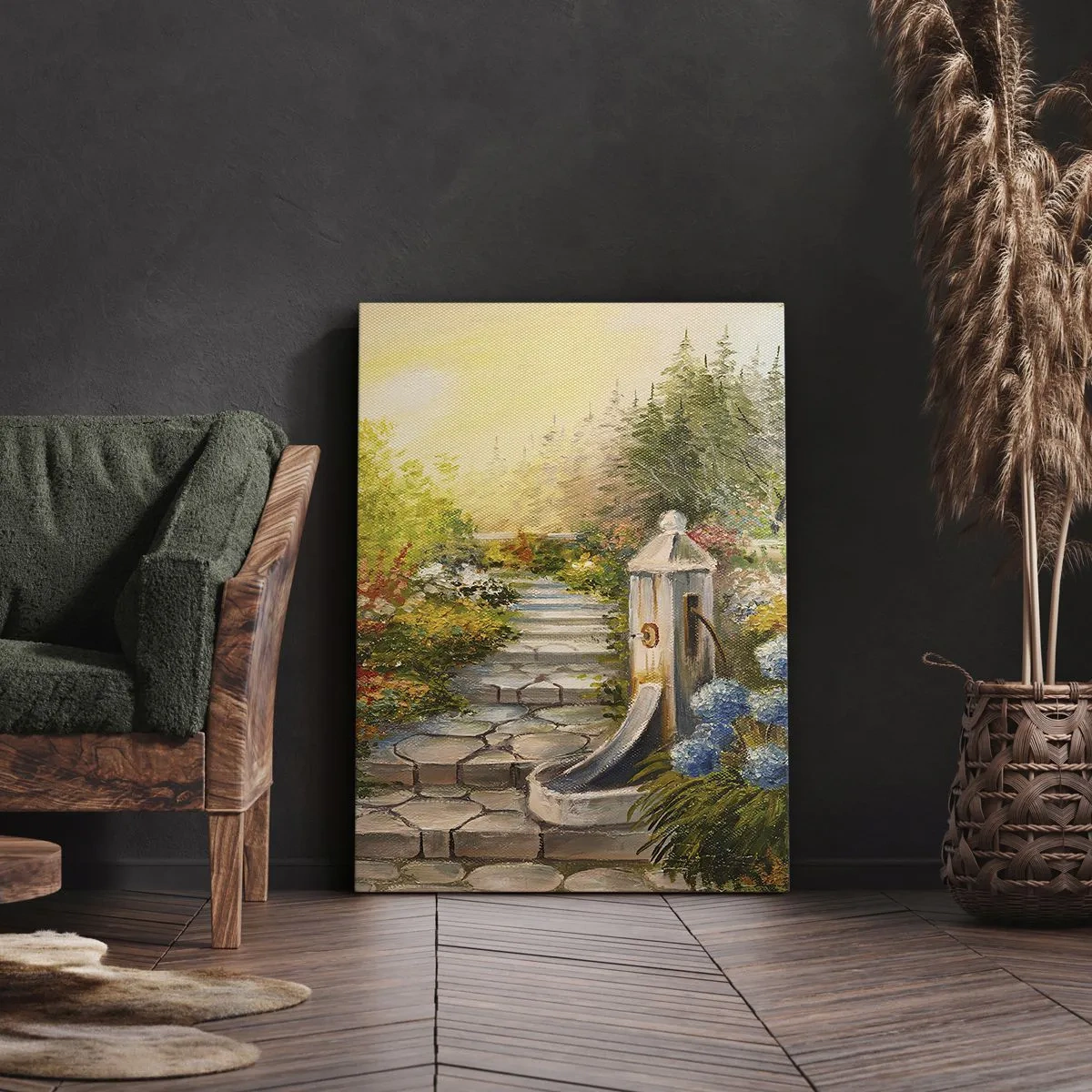 Impression sur toile - Image sur toile - Un jardin pittoresque avec une fontaine et des fleurs colorées - 50x70cm - En pleine floraison - Décoration murale moderne pour le salon et la chambre ARTTOR