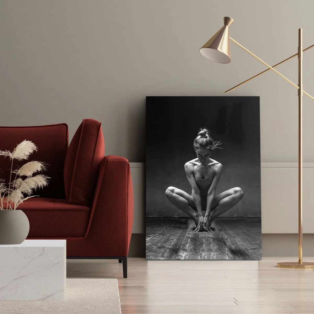 Impression sur toile - Image sur toile - Portrait en noir et blanc d'une danseuse en pleine concentration. - 80x120cm - Concentration de l'énergie de la danse - Décoration murale moderne pour le salon et la chambre ARTTOR
