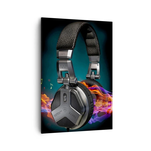 Impression sur toile - Image sur toile - Casque noir avec effet de visualisation musicale colorée - 70x100cm - Dans le feu de la musique - Décoration murale moderne pour le salon et la chambre ARTTOR