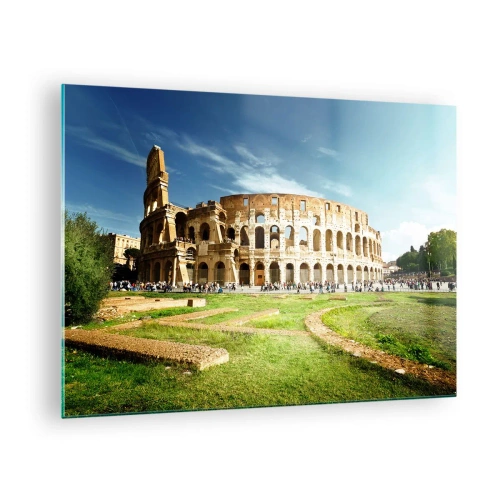 Impression sur verre - Image sur verre - Le Colisée de Rome illuminé par le soleil - 70x50cm - On entend encore la détonation de l'arme - Décoration murale moderne pour le salon et la chambre ARTTOR