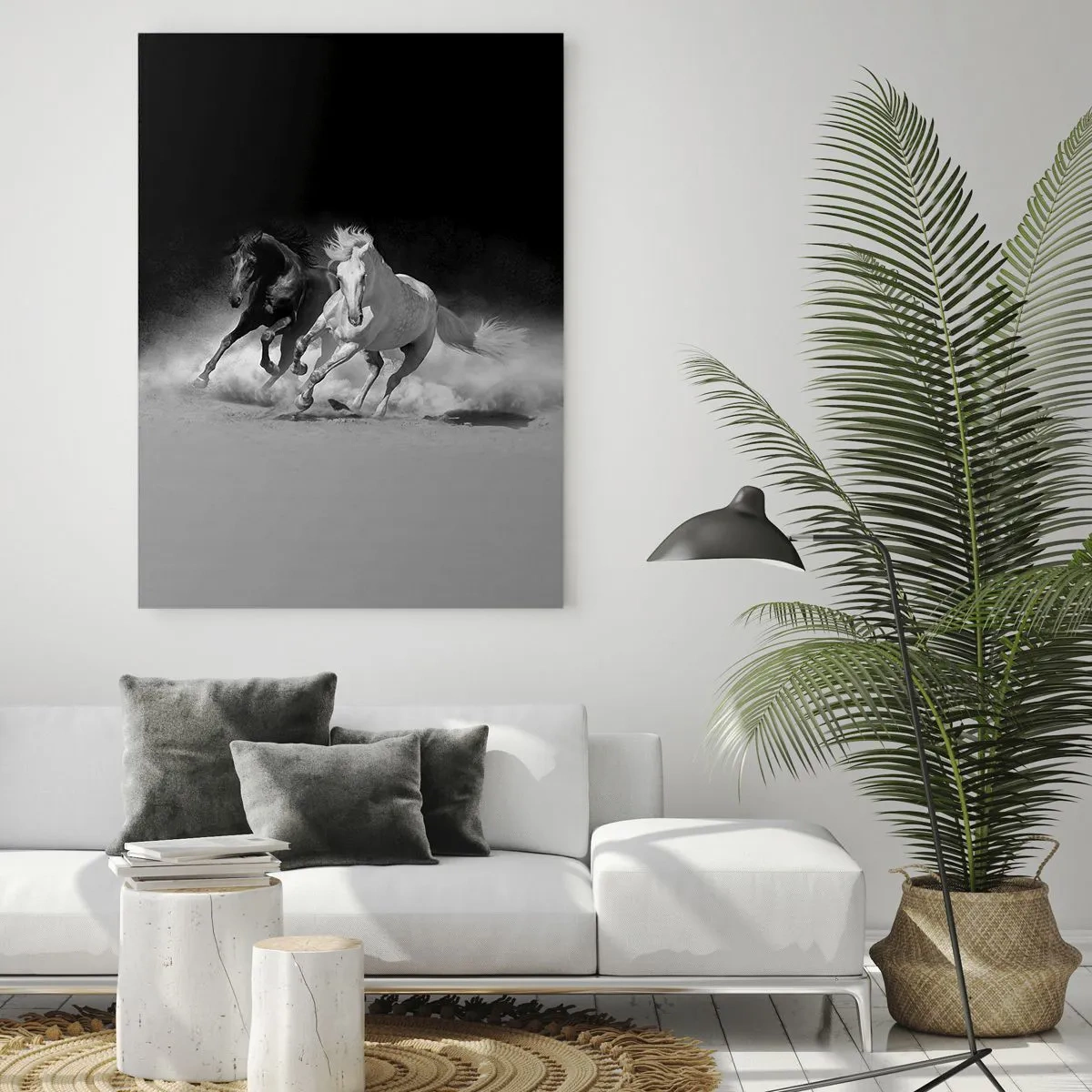 Impression sur verre - Image sur verre - Chevaux au galop en noir et blanc - 80x120cm - Galop de la liberté - Décoration murale moderne pour le salon et la chambre ARTTOR
