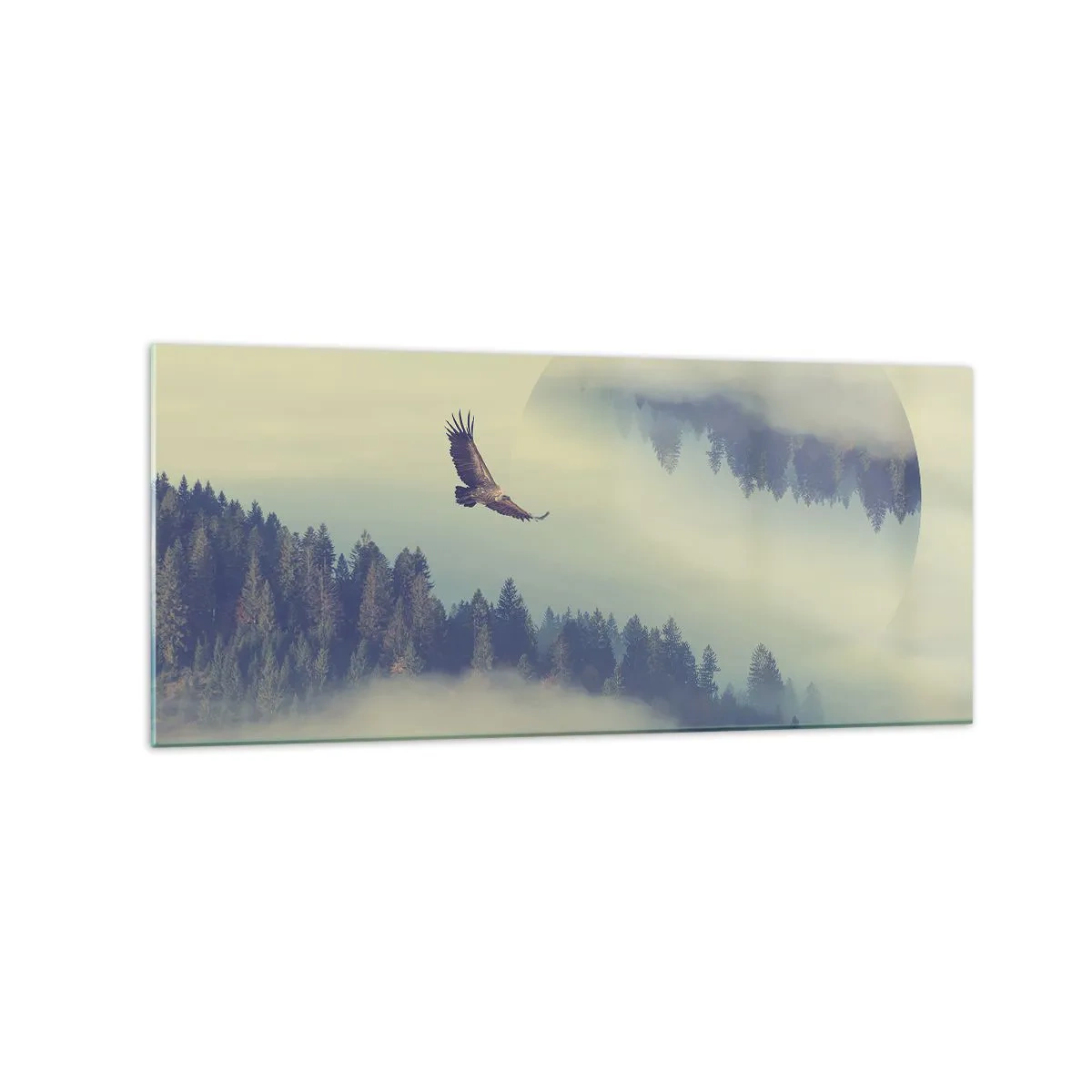 Impression sur verre - Image sur verre - Un aigle en vol sur fond de montagnes brumeuses avec un motif circulaire artistique - 120x50cm - J'ai vu l'ombre d'un aigle - Décoration murale moderne pour le salon et la chambre ARTTOR