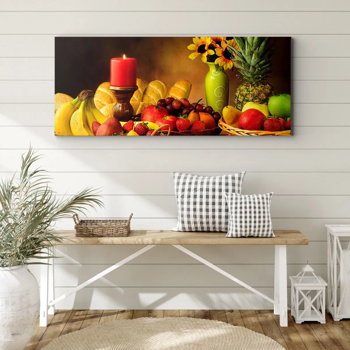 Impression sur toile - Image sur toile - Nature morte avec fruits, pain, bougie et fleurs - 140x50cm - Nature morte de pain et de fruits - Décoration murale moderne pour le salon et la chambre ARTTOR