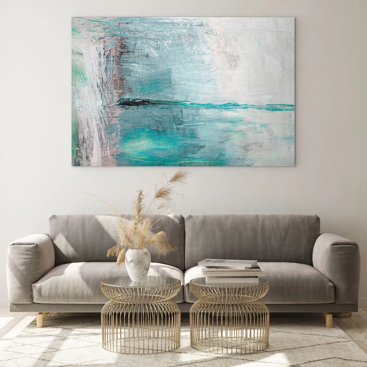 Impression sur verre - Image sur verre - Composition abstraite dans les tons de bleu et de gris - 70x50cm - Horizontalement en bleu - Décoration murale moderne pour le salon et la chambre ARTTOR