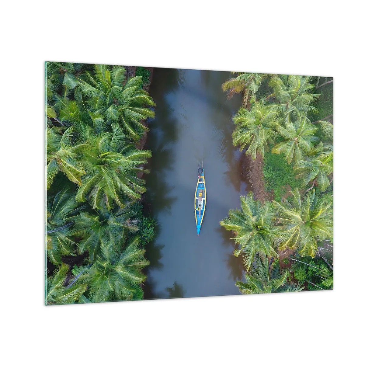 Impression sur verre - Image sur verre - Vue aérienne d'un bateau naviguant dans un canal parmi des palmiers tropicaux - 70x50cm - Sur un sentier tropical - Décoration murale moderne pour le salon et la chambre ARTTOR