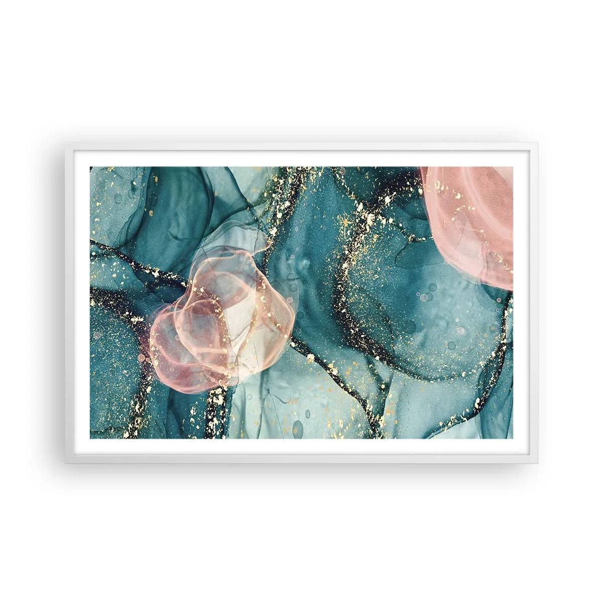 Affiche dans un cadre blanc - Poster - Soie bleu, tulle rose - 91x61 cm