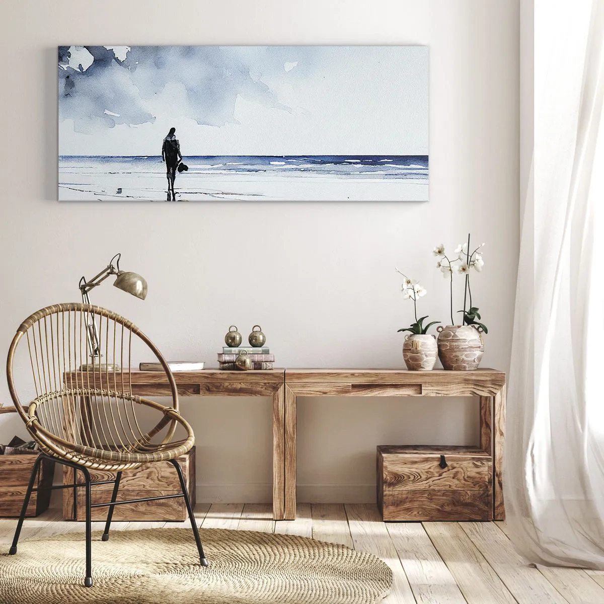 Impression sur toile - Image sur toile - Une silhouette sur une plage dans un environnement marin calme - 120x50cm - Conversation avec la mer - Décoration murale moderne pour le salon et la chambre ARTTOR