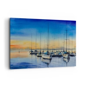 Impression sur toile - Image sur toile - Port de plaisance au coucher du soleil avec reflets sur l'eau - 120x80cm - Fin d'une belle journée - Décoration murale moderne pour le salon et la chambre ARTTOR