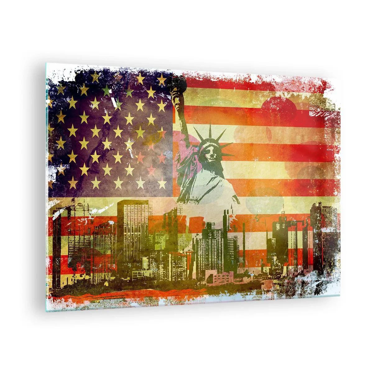 Impression sur verre - Image sur verre - Drapeau américain avec la silhouette de la Statue de la Liberté et le paysage urbain - 70x50cm - Vive l'Amérique! - Décoration murale moderne pour le salon et la chambre ARTTOR